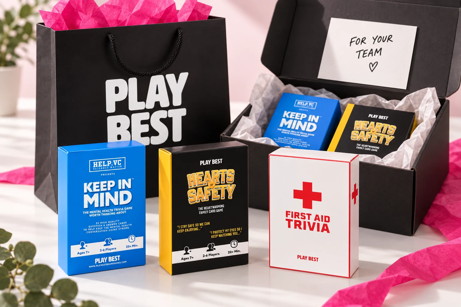 A PlayBest welcome bag and a selection of small card games