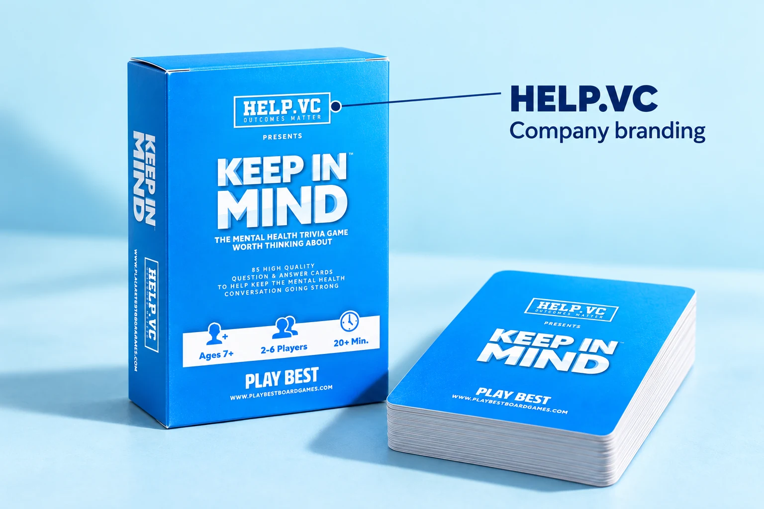 The existing blue HELP.VC edition of Keep in Mind, with a callout pointing to the company branding on the box