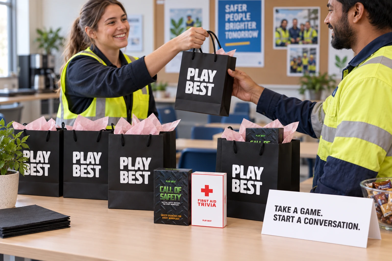 Colleagues exchanging a PlayBest gift bag at a company safety day