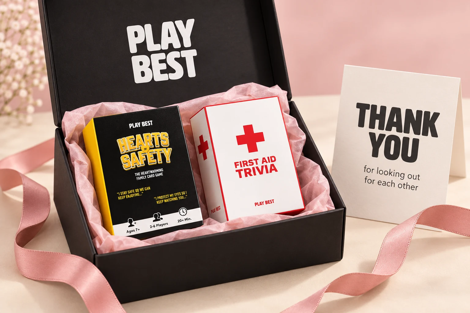 A PlayBest appreciation gift box with Hearts of Safety, First Aid Trivia and a thank-you note