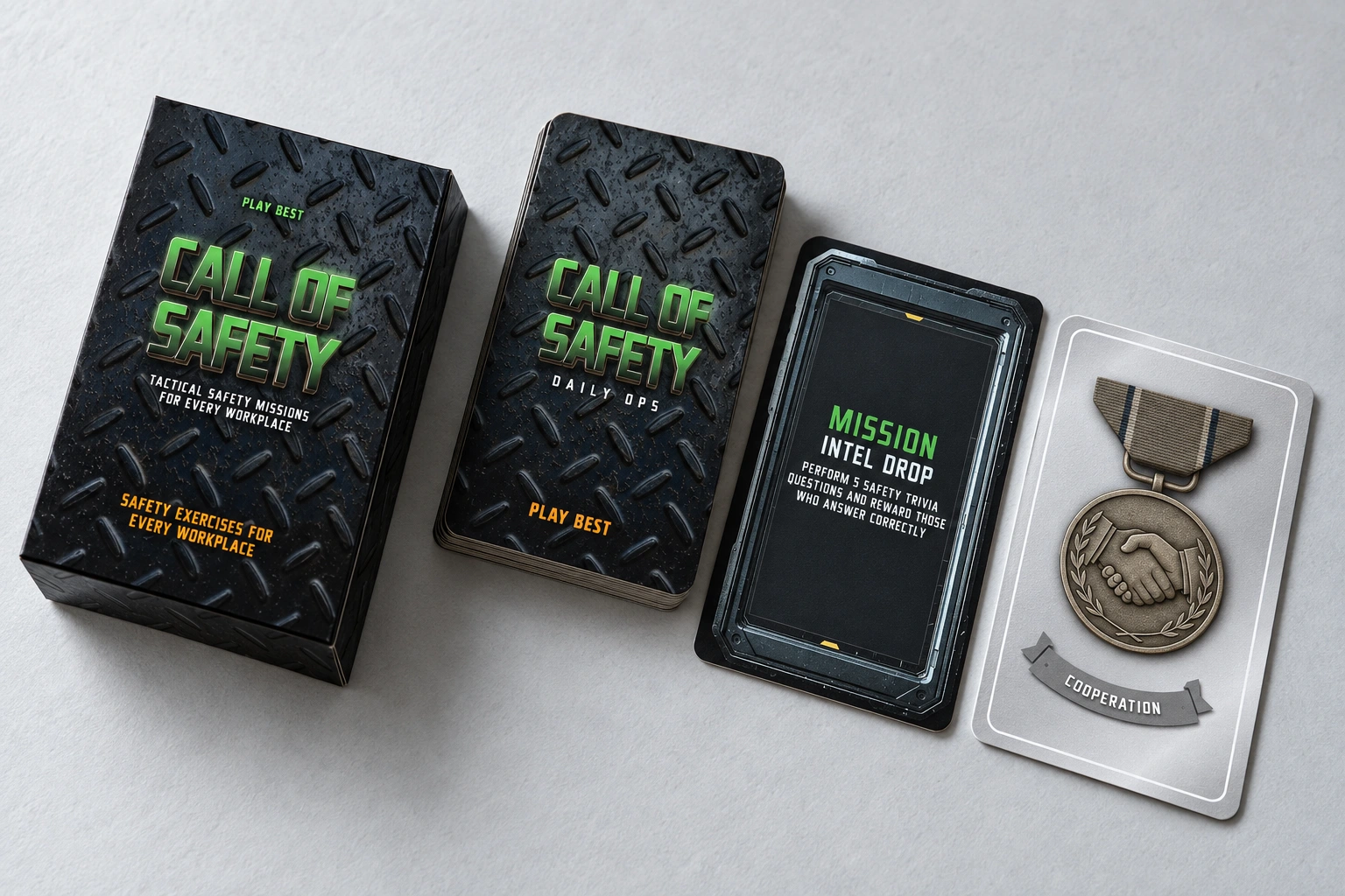 Call of Safety mission cards, branded deck and cooperation medal cards on a table — illustrative product scene