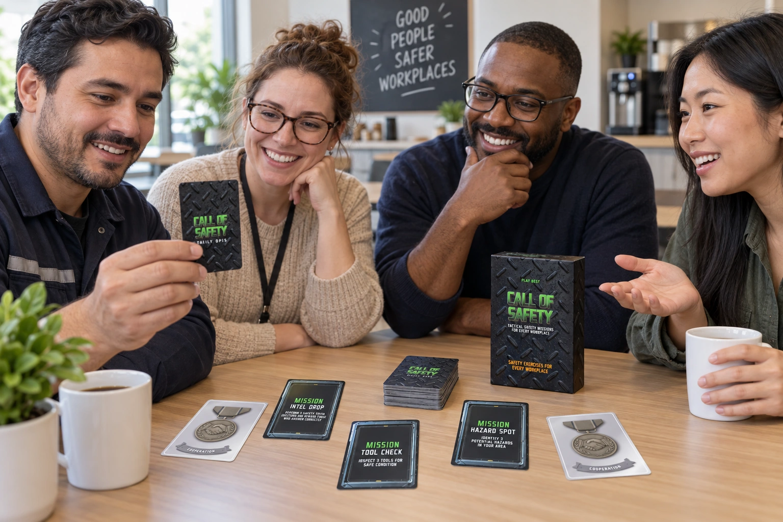 Coworkers share Call of Safety missions around a break-room table — illustrative scene