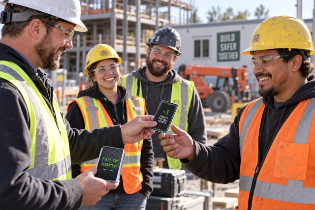 A supervisor awards a Call of Safety point card to a smiling worker — illustrative scene