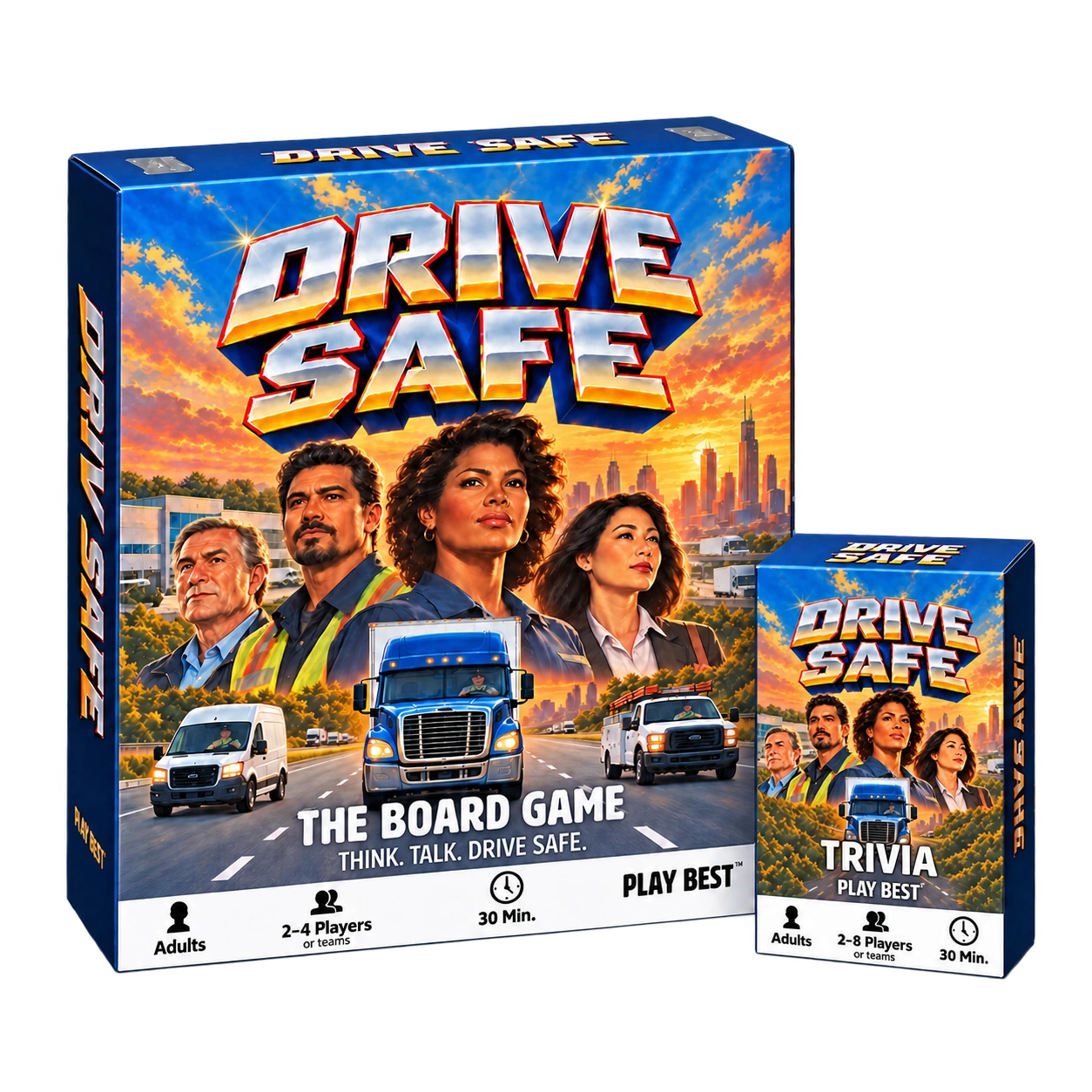 Complete Drive Safe board game and Trivia boxes, with Play Best branding and 30-minute labels