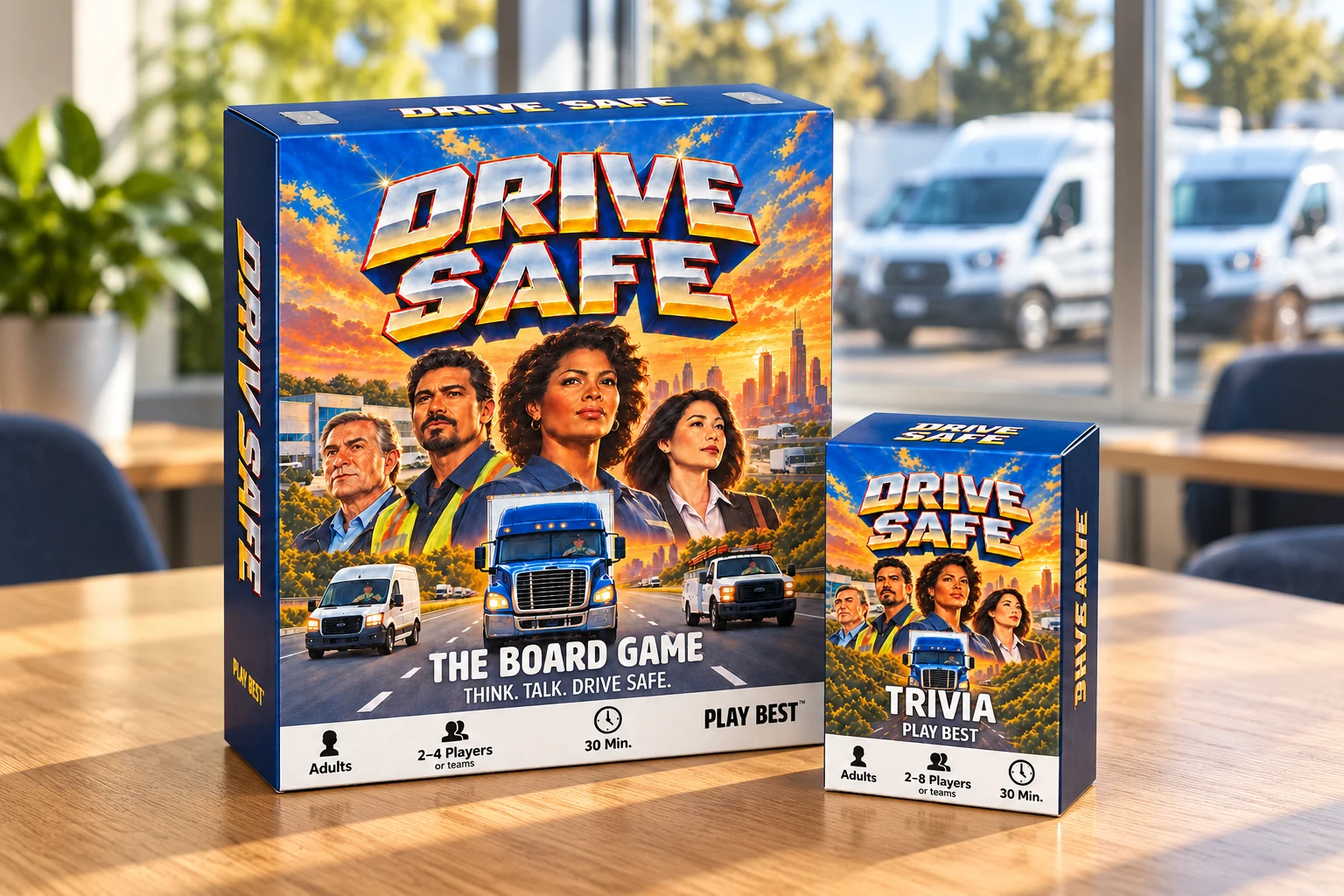 Illustrative scene of Drive Safe board-game and Trivia boxes in a fleet break room