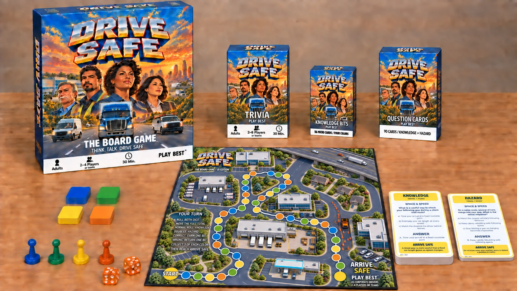 Drive Safe board game and Trivia boxes with the actual board design, question deck, plain-color micro cards, joystick pawns and orange dice