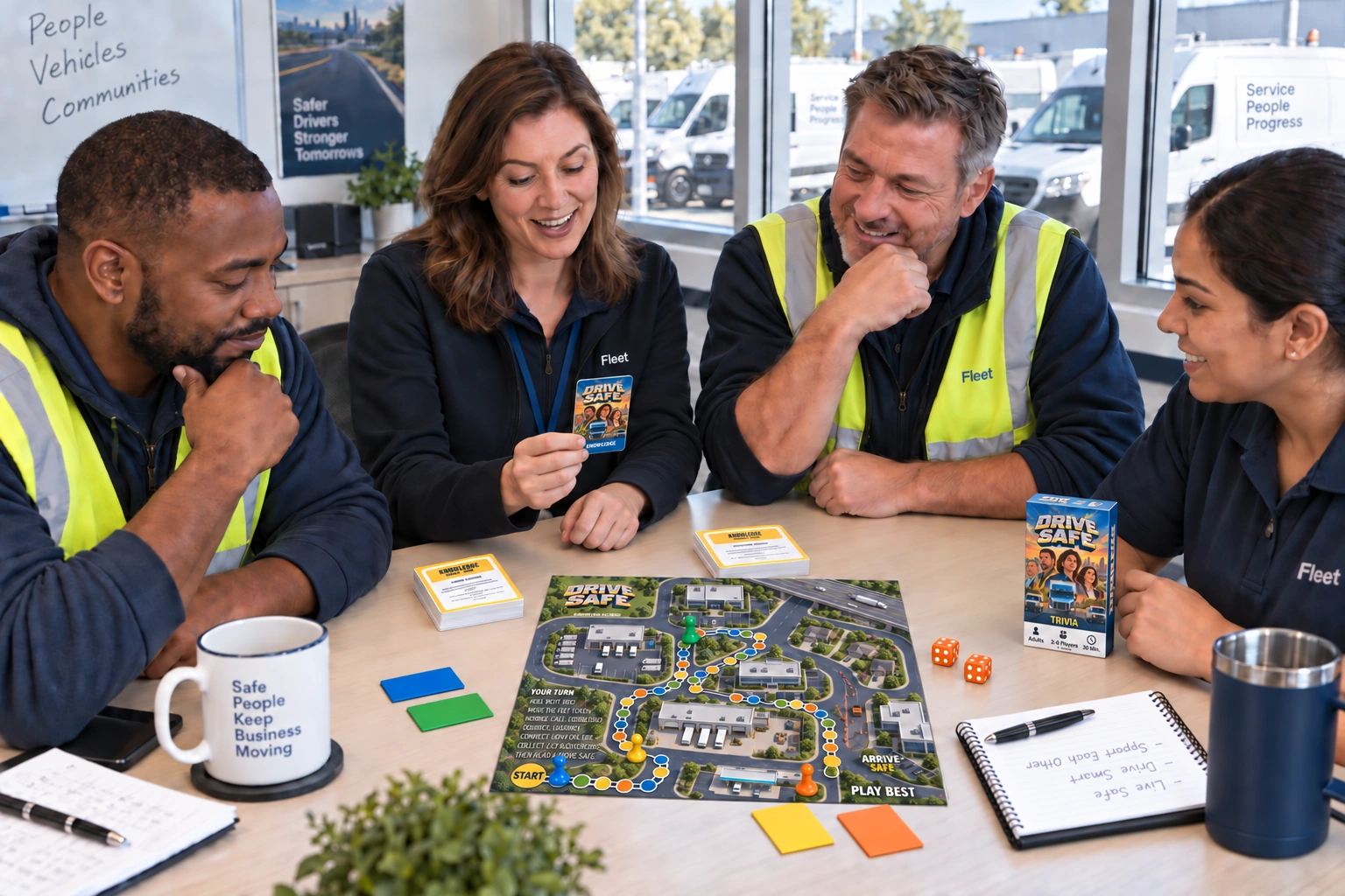 Four fleet colleagues sharing a question while playing Drive Safe together