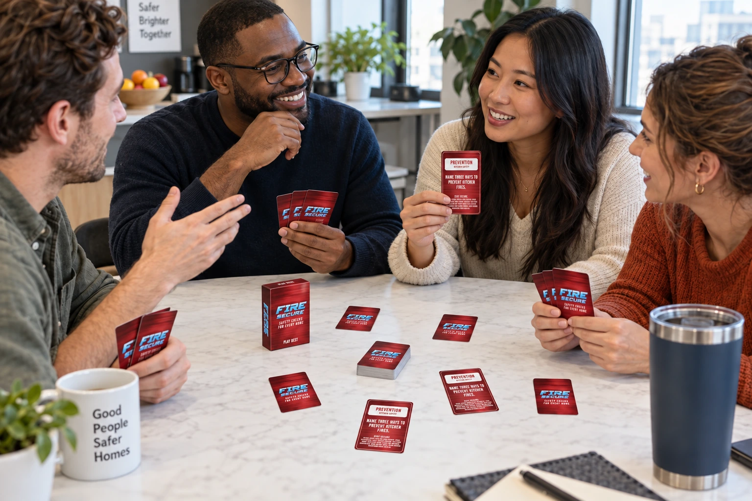 Coworkers discussing Fire Secure cards at a workplace table