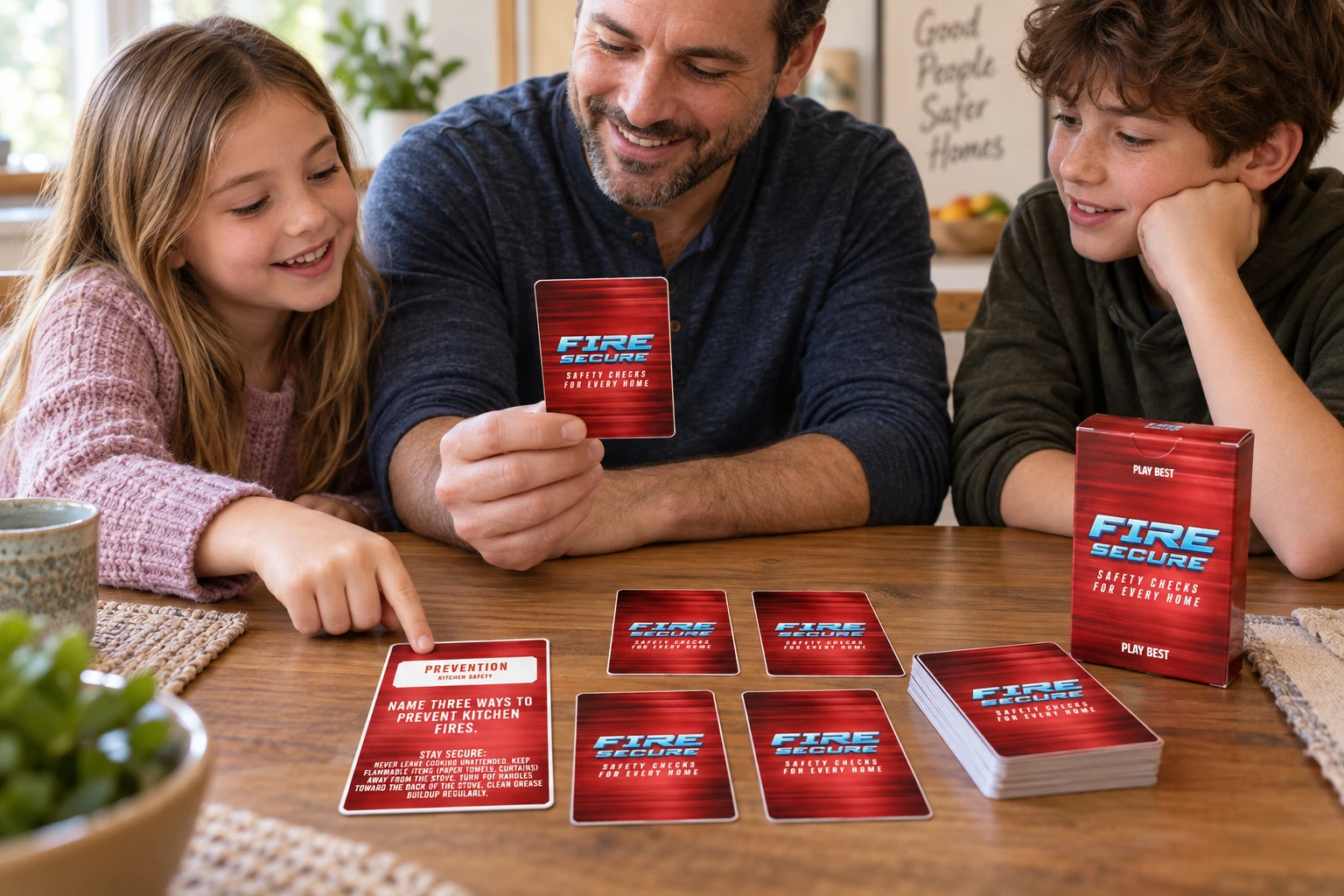A dad and two children looking closely at Fire Secure cards together