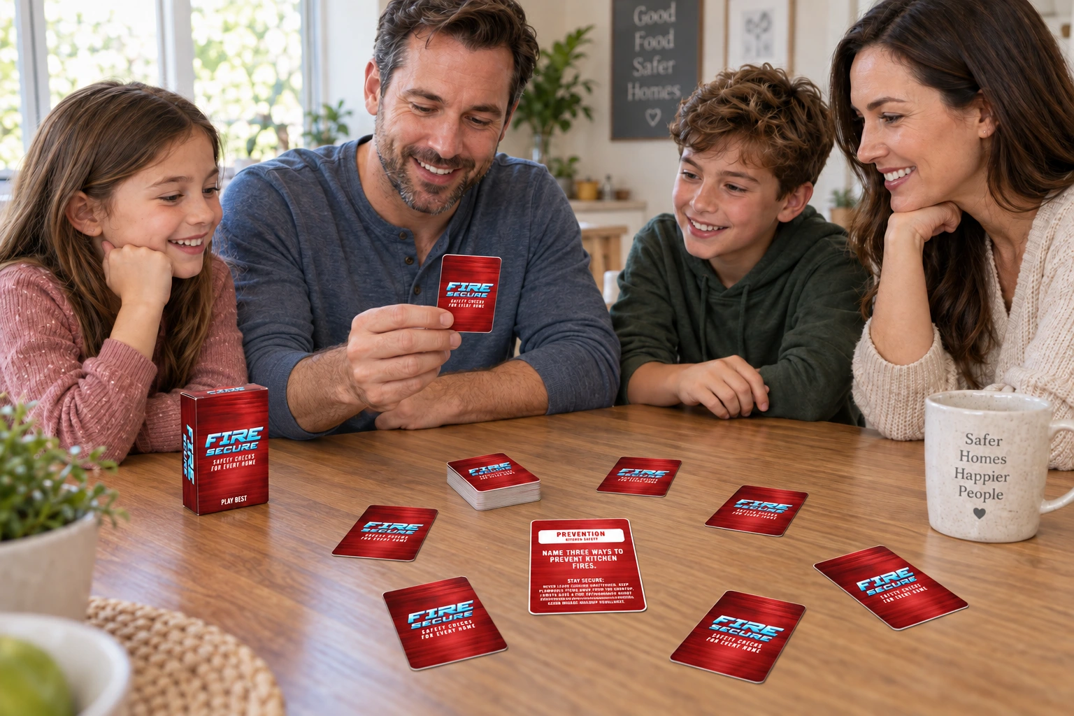 A family playing Fire Secure with cards spread across the table — illustrative scene