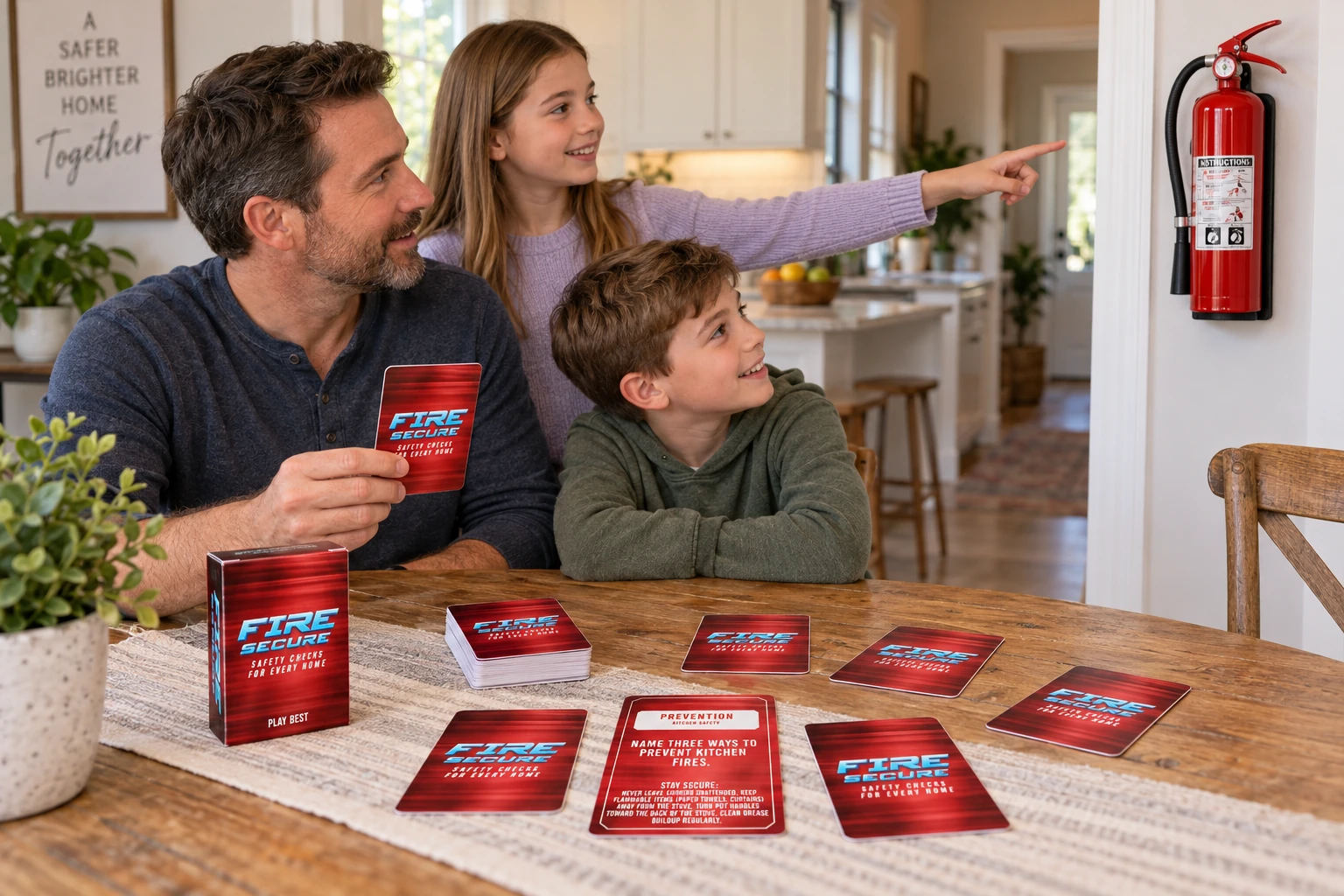 A child points out a mounted fire extinguisher with her dad nearby and Fire Secure cards on the table