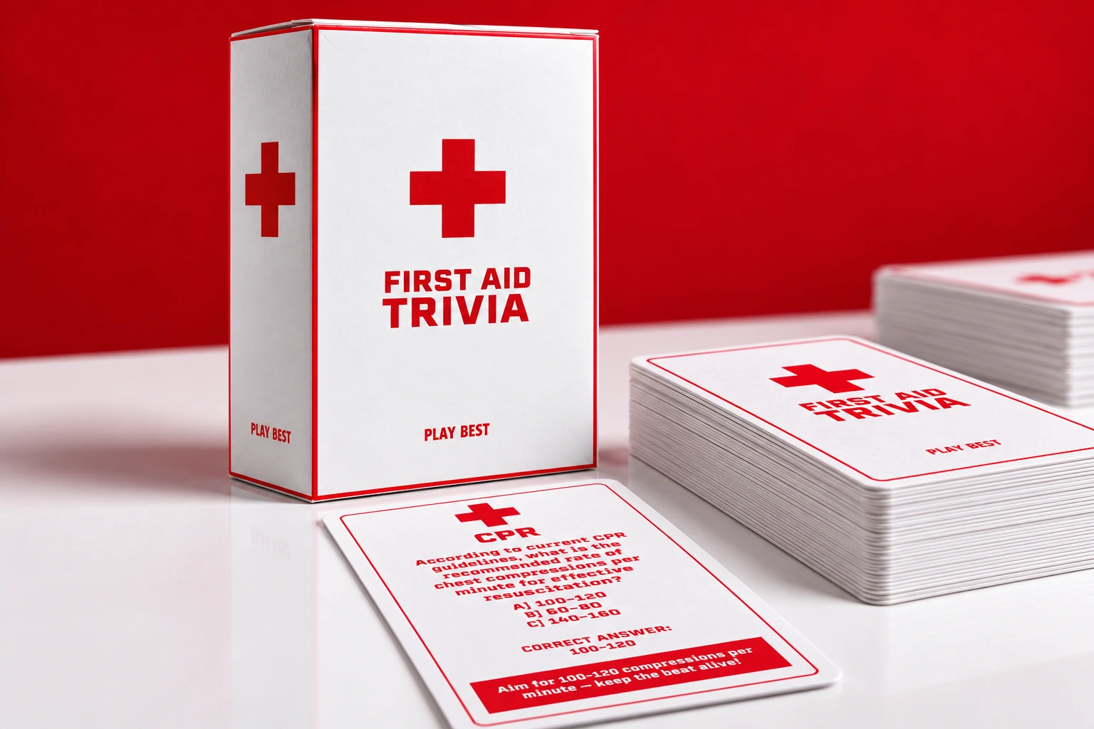 Illustrative close-up of the First Aid Trivia game box and cards