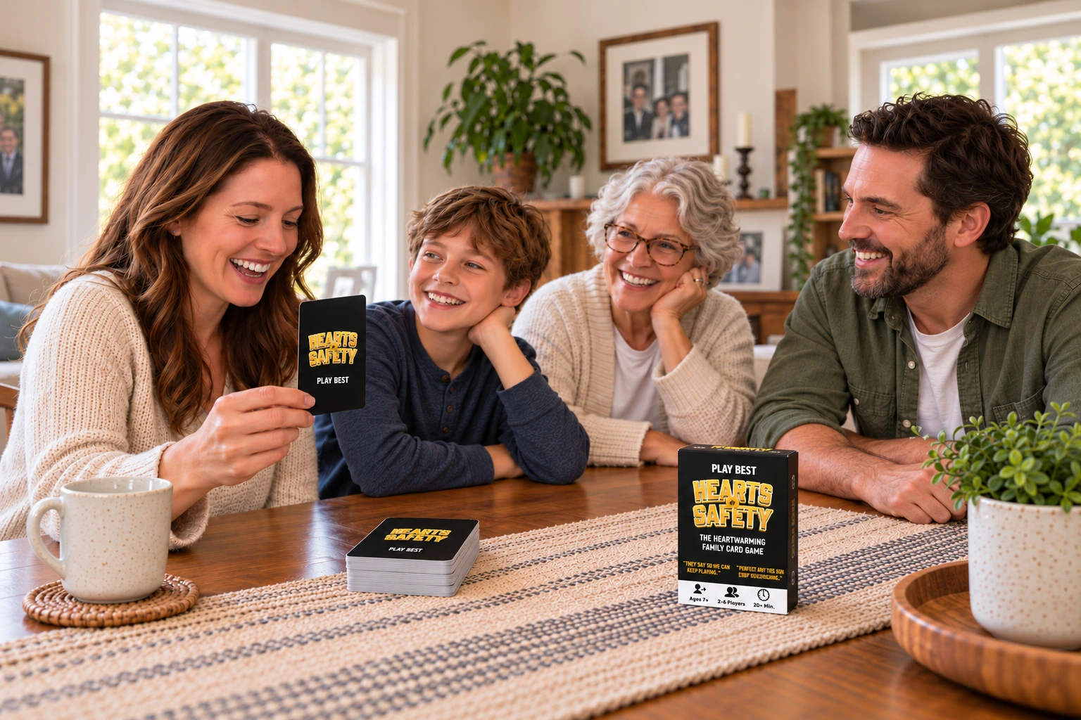 A family of different generations sharing stories while playing Hearts of Safety