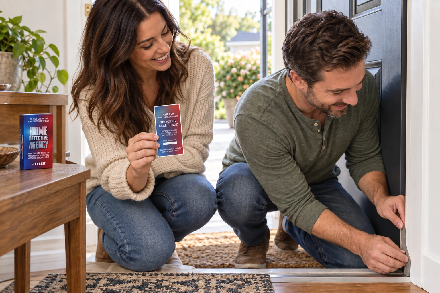 A couple follows a Weather Seal Check card while checking and replacing door weather stripping — illustrative scene