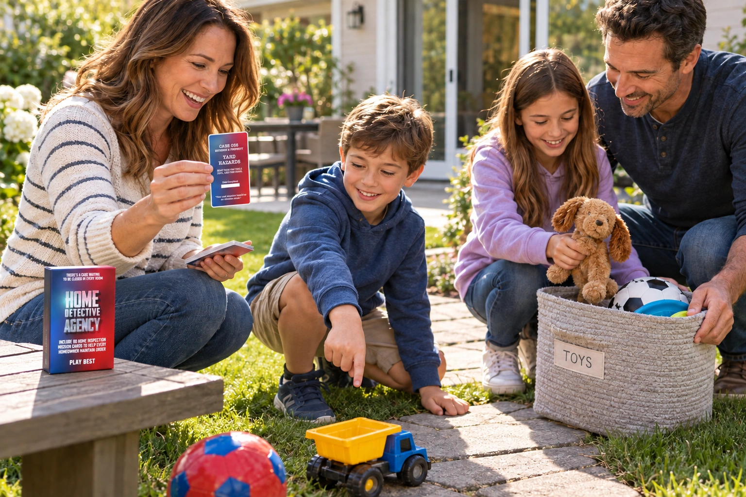 A family uses the Yard Hazards case card to spot toys on a garden path and put them away together — illustrative scene