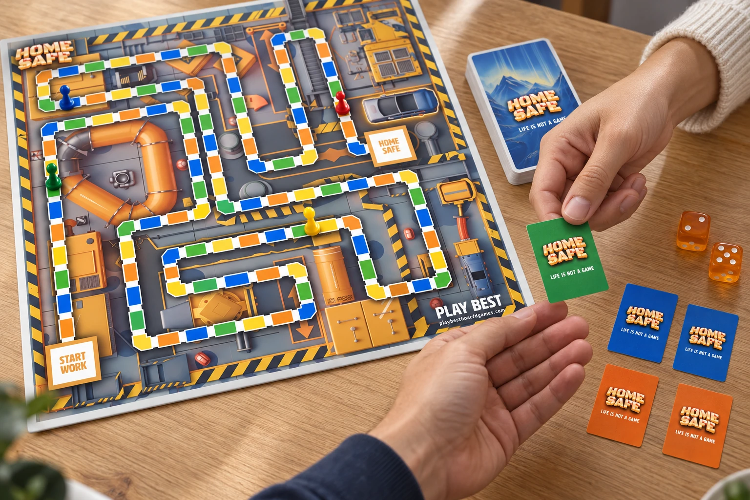 Illustrative close-up of a player receiving a green knowledge bit beside the original winding board and orange dice