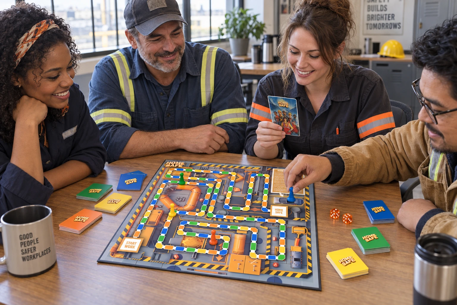 Coworkers playing Home Safe around the illustrated workplace board — illustrative scene