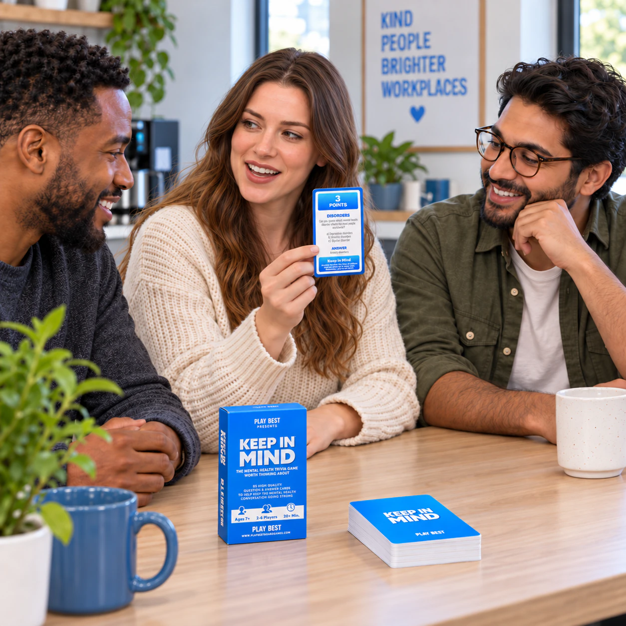 Illustrative scene of colleagues discussing a bright-blue Keep in Mind question card