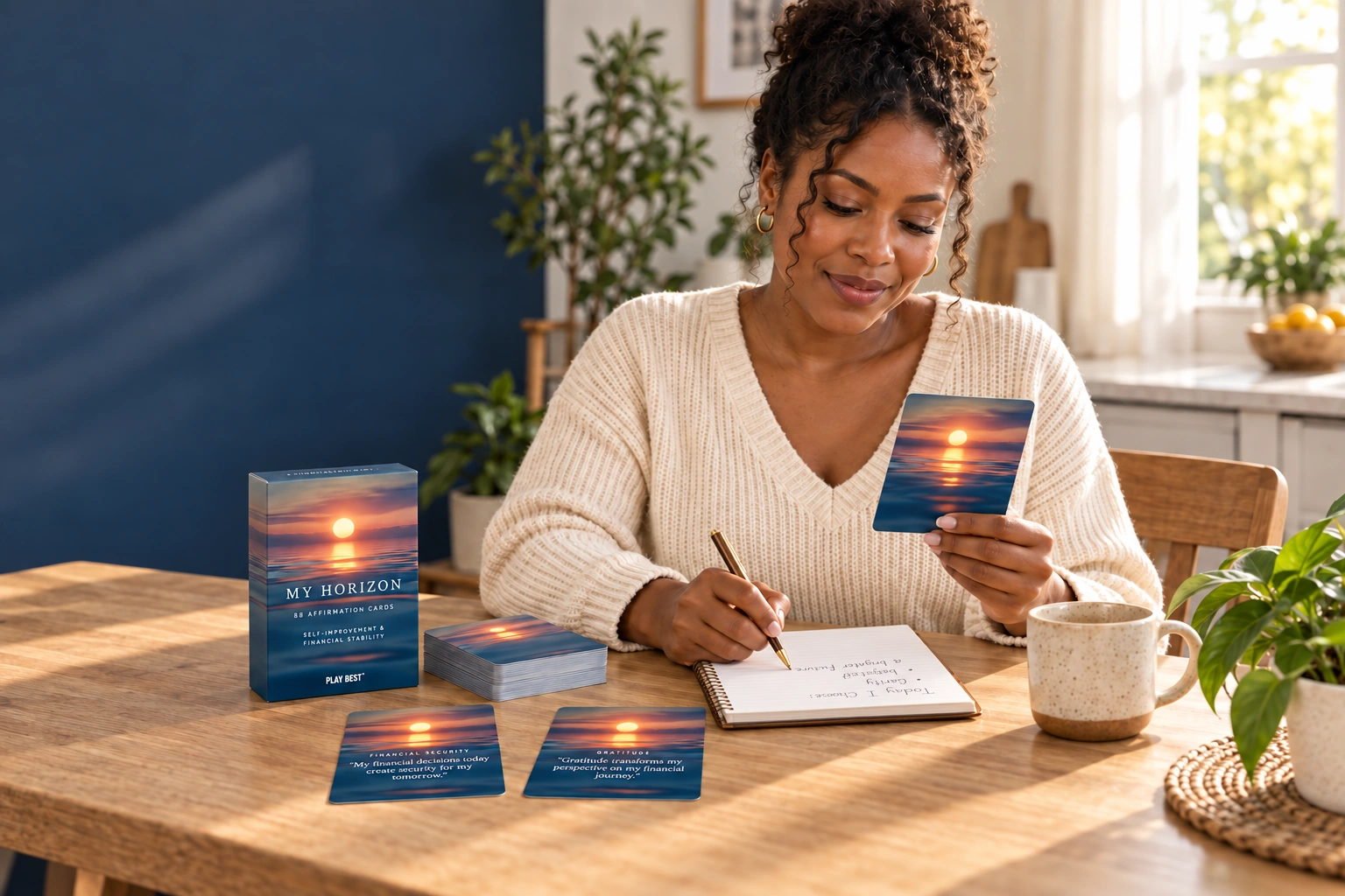 A woman using My Horizon affirmation cards on her own with her morning journal — illustrative scene