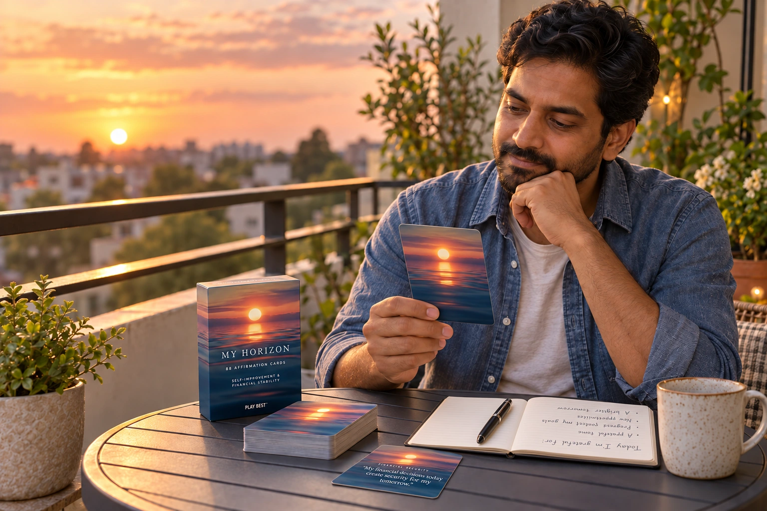 A man spending a quiet moment alone on his balcony with a My Horizon card and notebook — illustrative scene