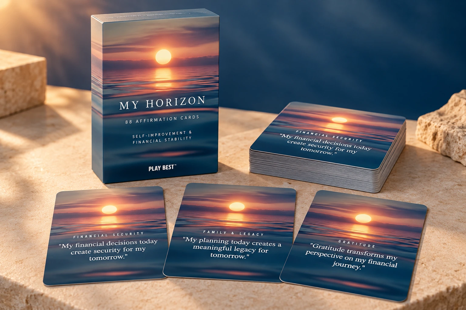 My Horizon ocean-sunset box with its affirmation cards and a card stack