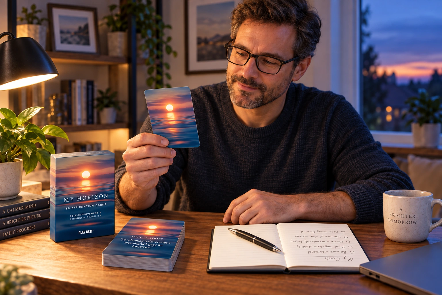 A man reflecting on a My Horizon card at his own desk with a personal planning notebook — illustrative scene