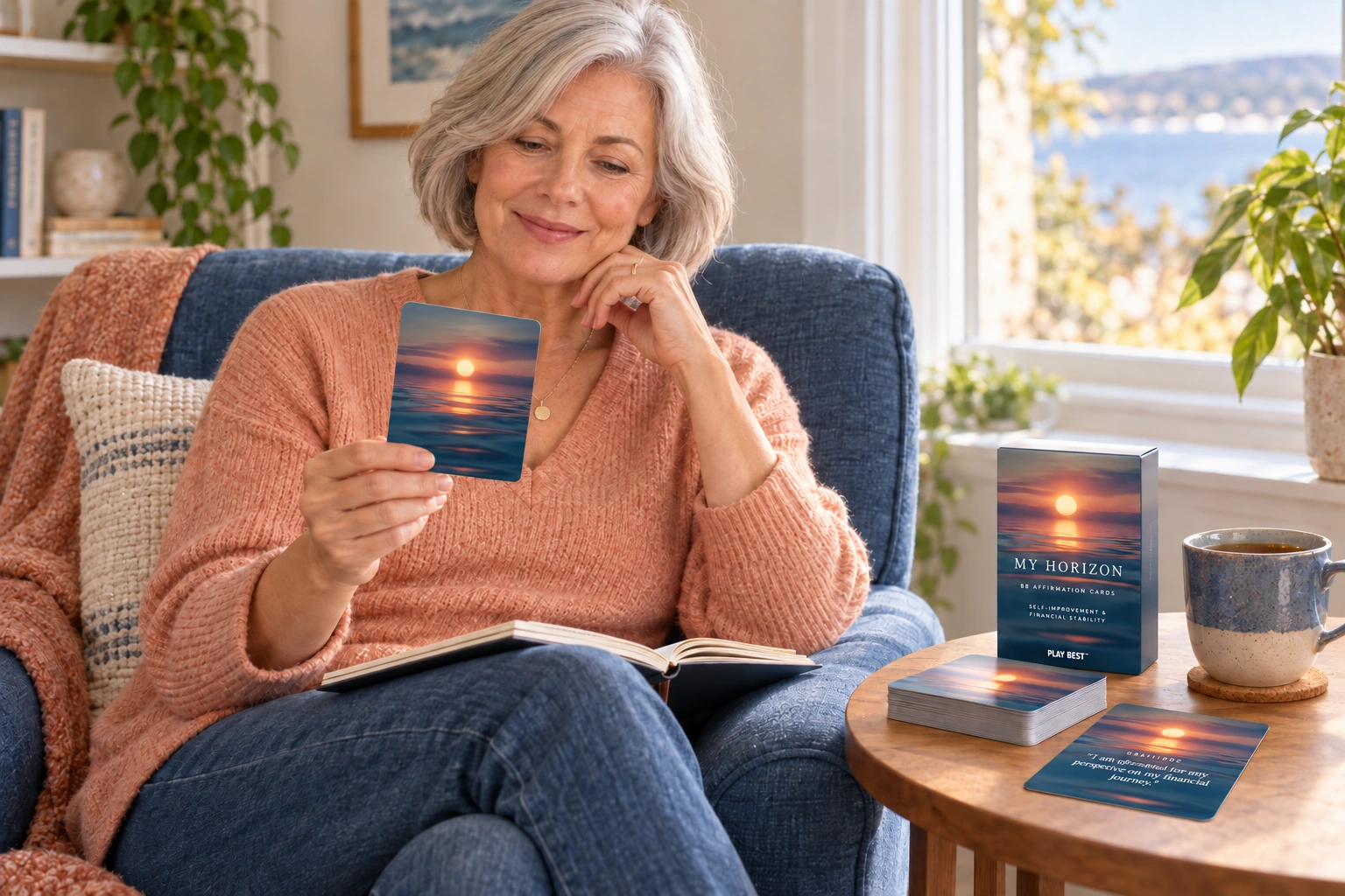A woman taking time alone to read a My Horizon affirmation in her favourite armchair — illustrative scene