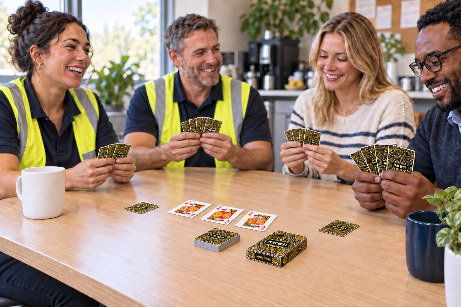 Colleagues playing with Hazard Edition safety cards around a table