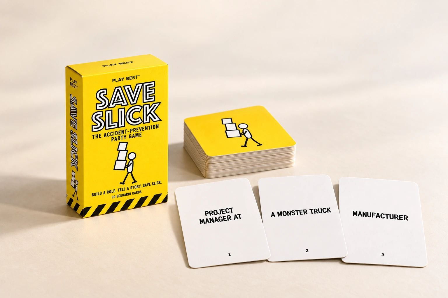 Refreshed yellow Save Slick box with its white numbered scenario cards