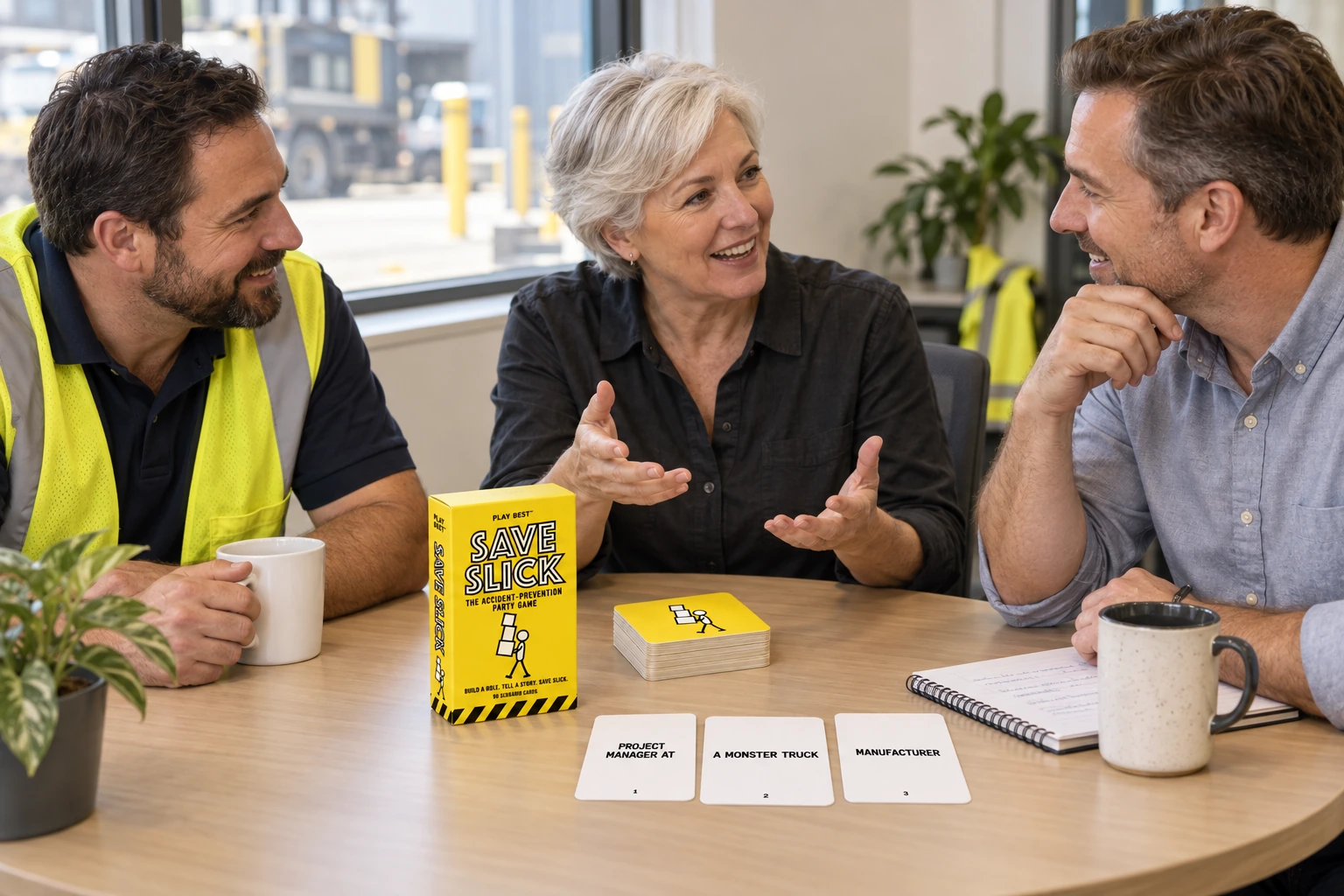 Three colleagues discussing a Save Slick scenario with the cards and yellow box on the table — illustrative scene