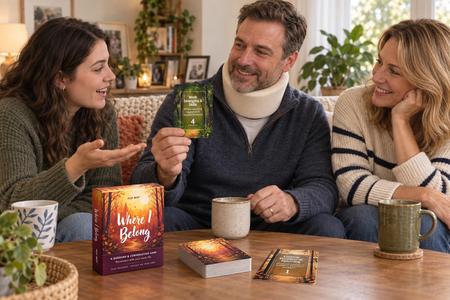 A father wearing a neck brace shares a Where I Belong card with his partner and adult daughter at home