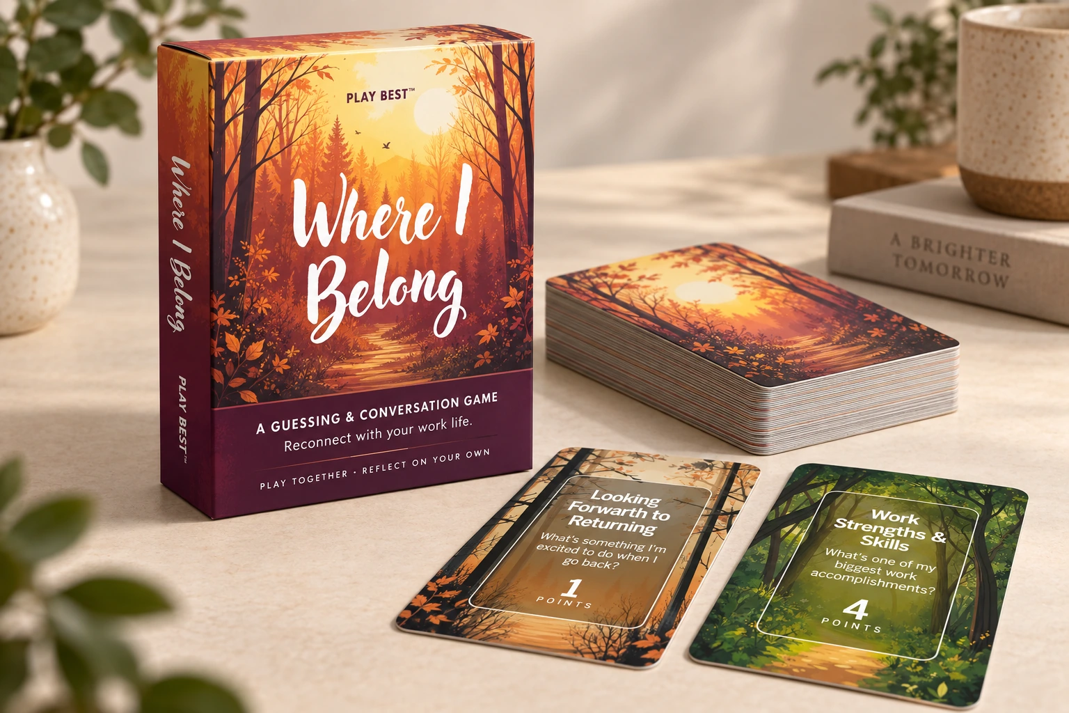 Where I Belong woodland box, printed deck and illustrated question cards on a tabletop