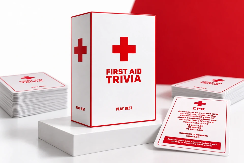 First Aid Trivia game box with its red-and-white cards