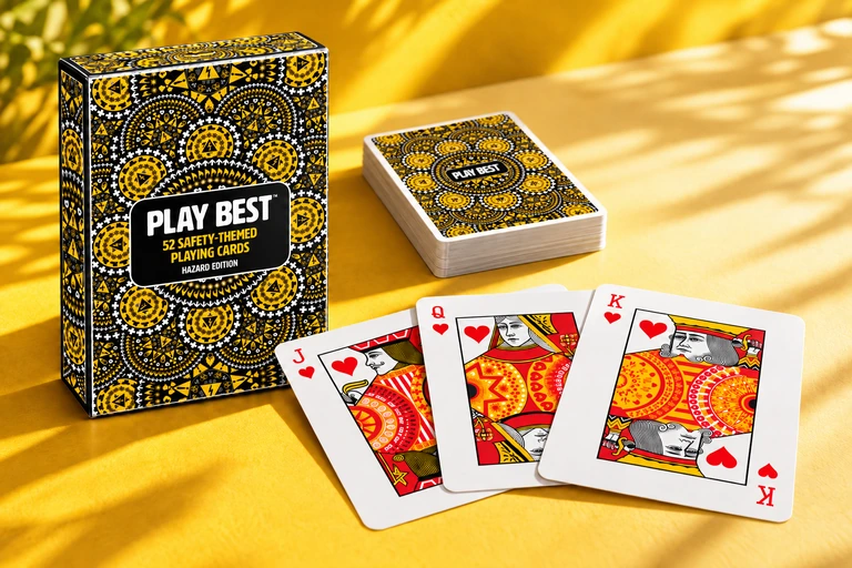 Hazard Edition safety playing cards with the matching patterned tuck box