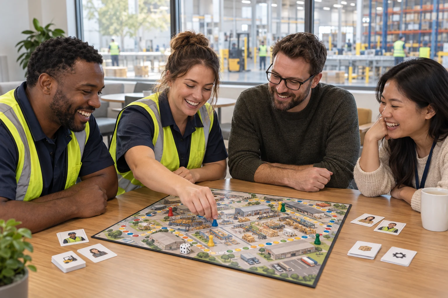 Colleagues playing a custom board game inspired by their warehouse — an illustrative concept