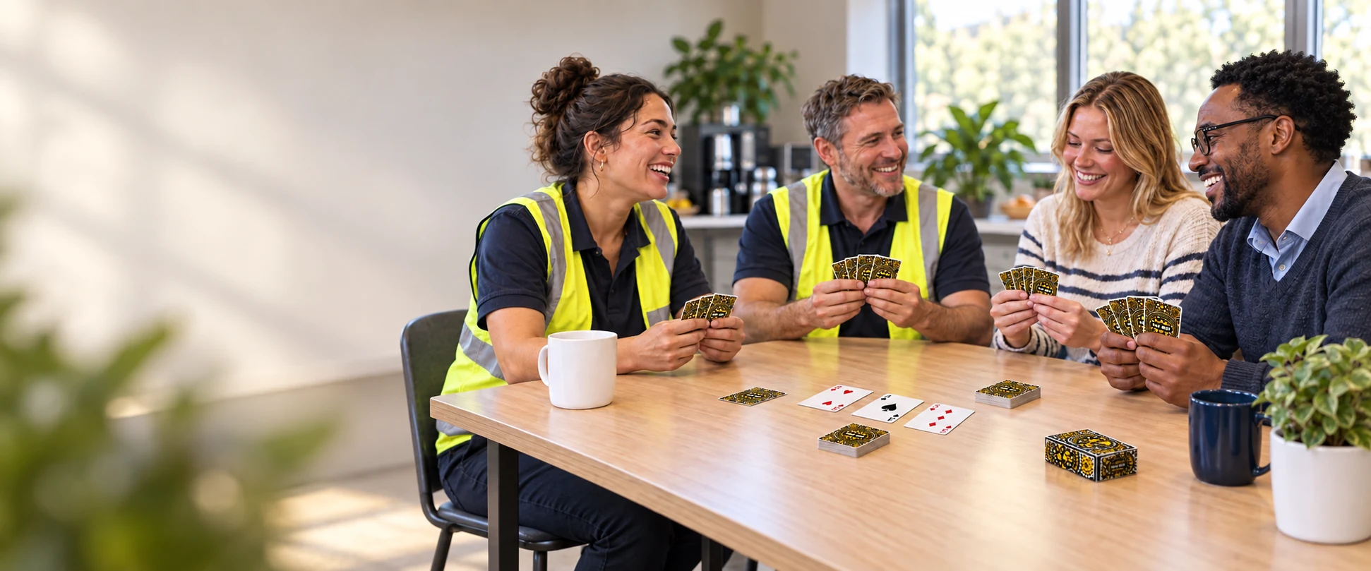 Coworkers sharing a laugh over PlayBest safety playing cards in their break room