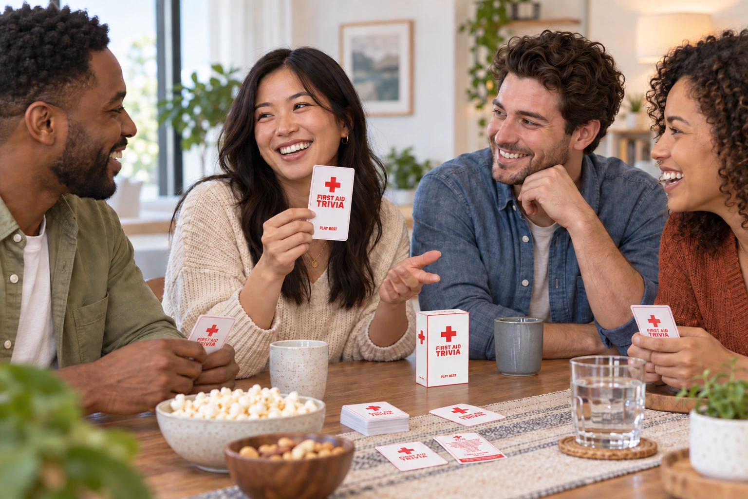Friends enjoying a round of First Aid Trivia around a table